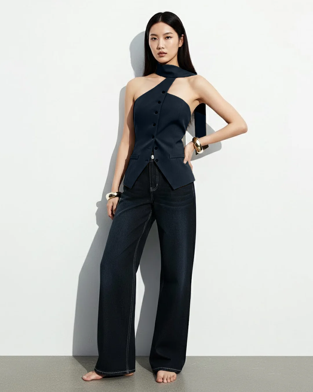 Asymmetric Drape Neck Single-Breasted Vest Top in Navy Blue