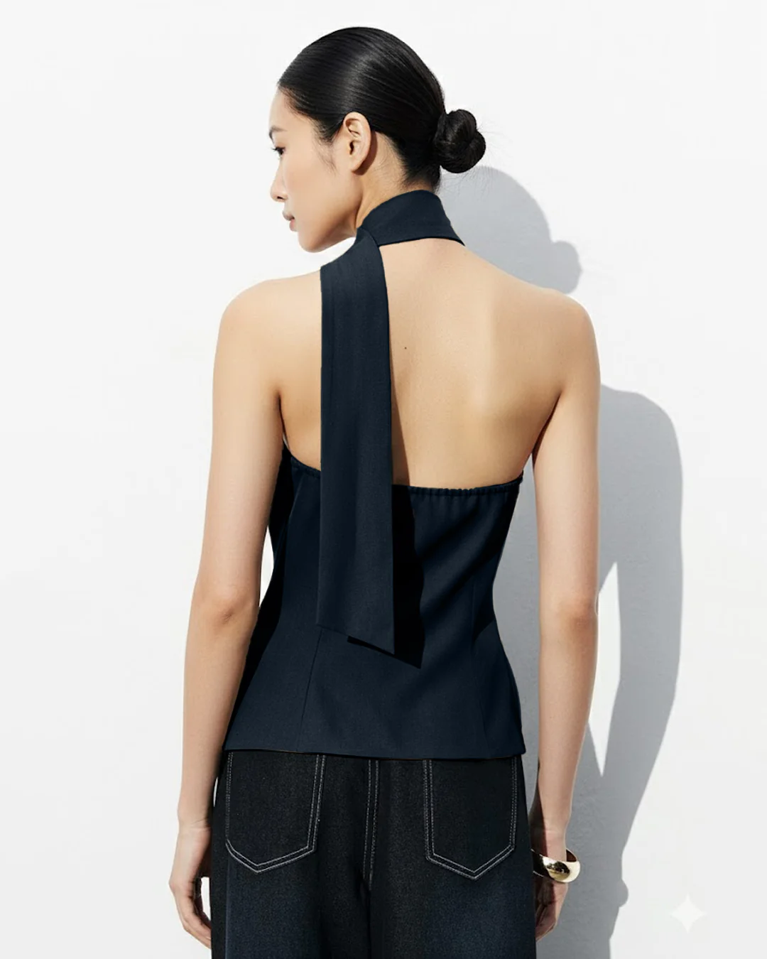 Asymmetric Drape Neck Single-Breasted Vest Top in Navy Blue - Image 2