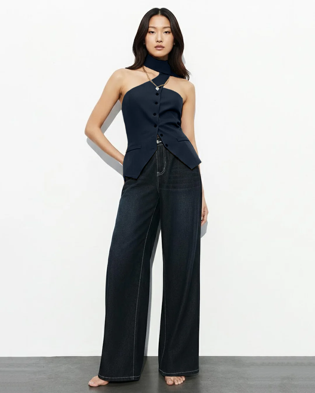 Asymmetric Drape Neck Single-Breasted Vest Top in Navy Blue - Image 3