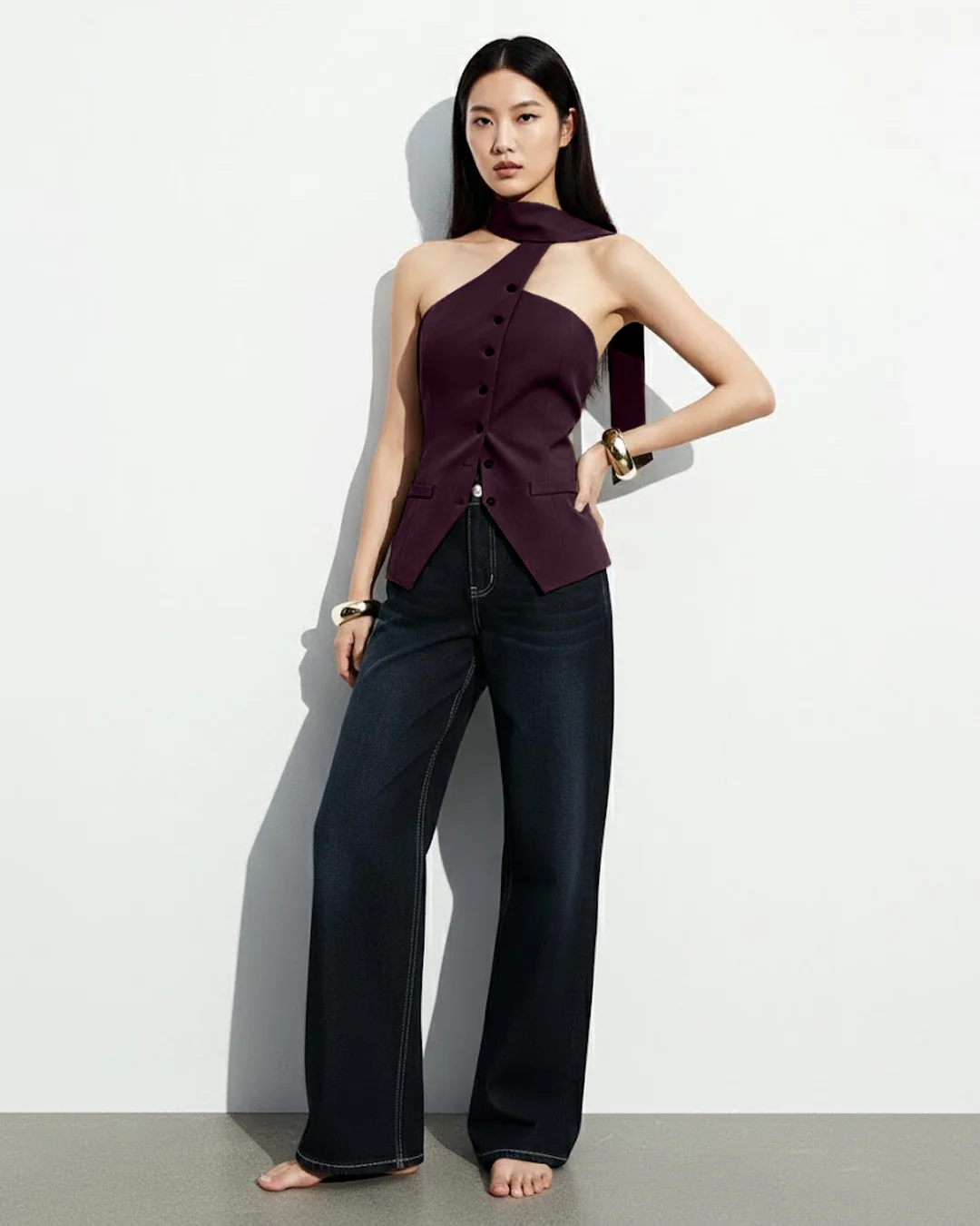 Asymmetric Drape Neck Single-Breasted Vest Top in Purple