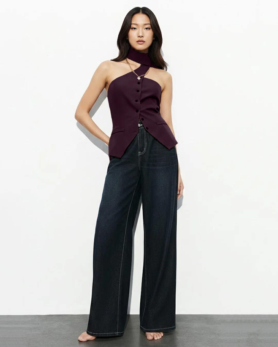 Asymmetric Drape Neck Single-Breasted Vest Top in Purple - Image 3