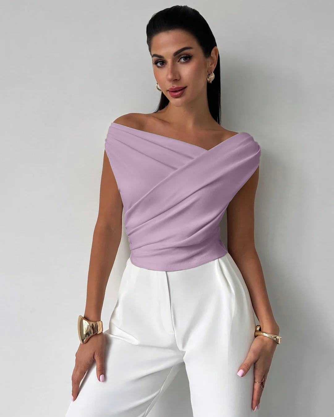 Asymmetric Neck Drape Cropped Top in lilac