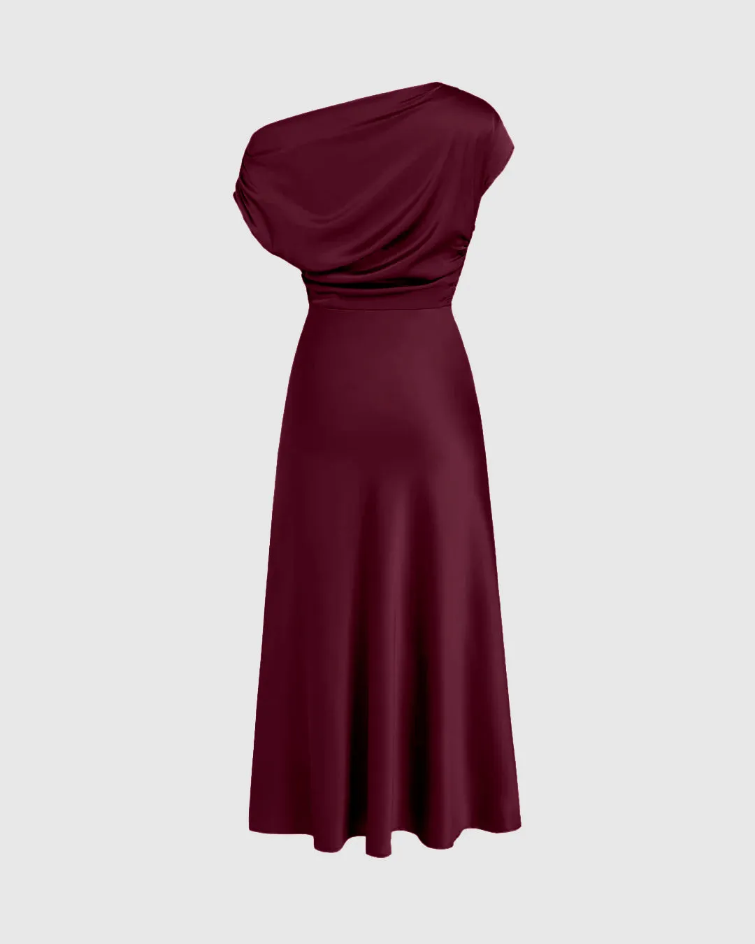 Asymmetrical Boat Neck Ruffle Maxi Dress In Cherry Red - Image 2