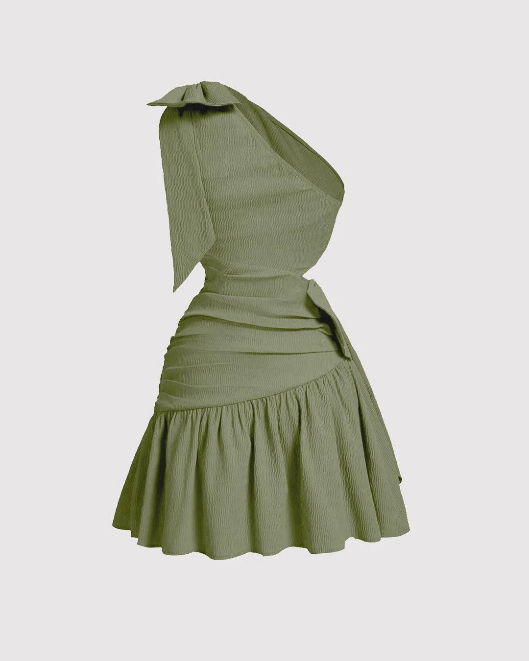 Asymmetrical Neck Bow Tie Cropped Waist Mini Dress In Herbal Green - Image 2