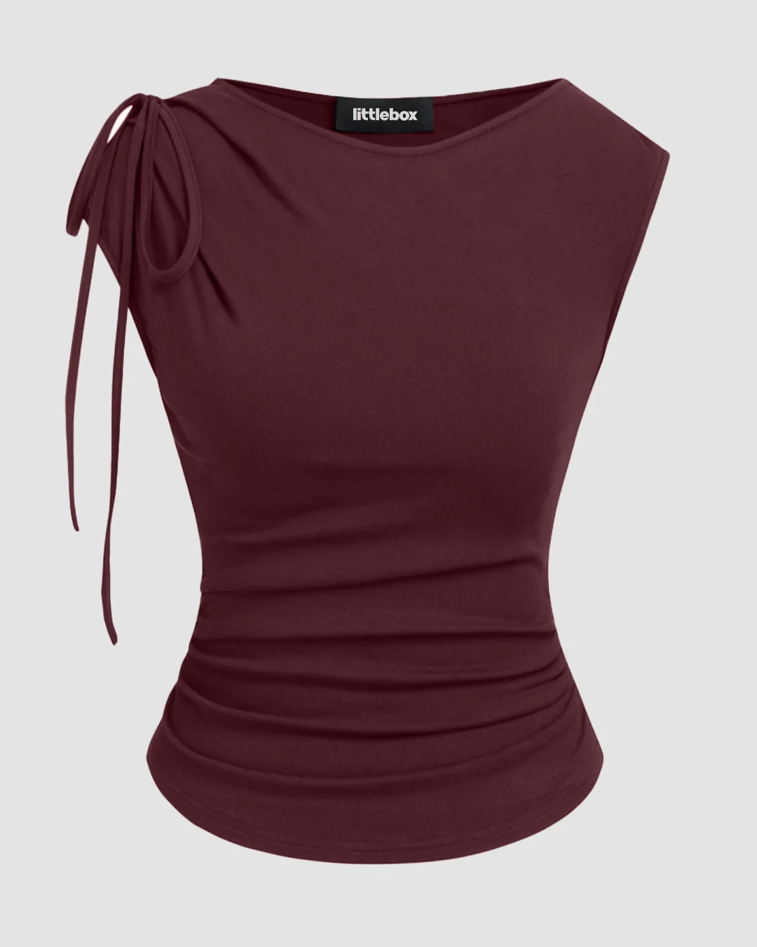 Asymmetrical Neck Bowknot Cinched Waist Top in Maroon