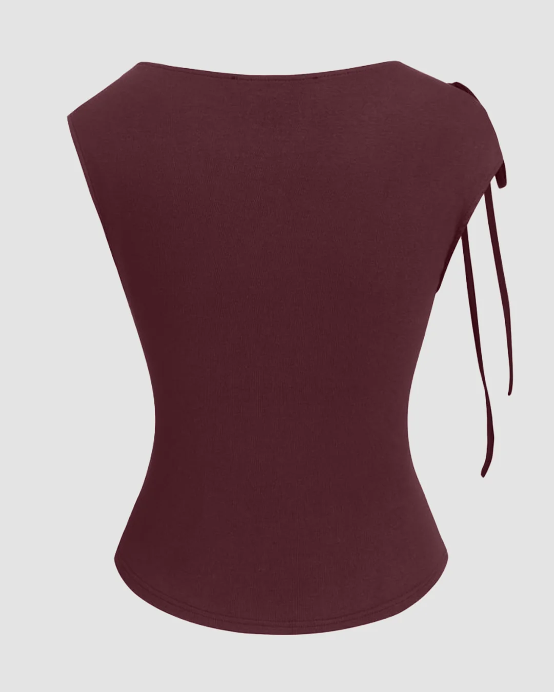 Asymmetrical Neck Bowknot Cinched Waist Top in Maroon - Image 2