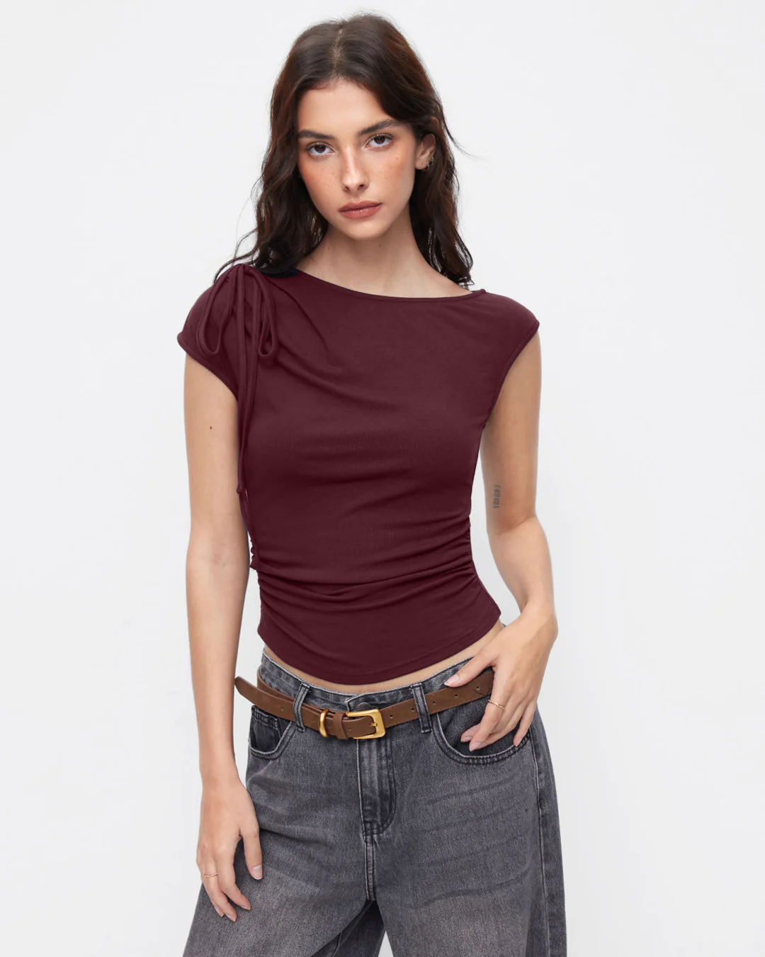 Asymmetrical Neck Bowknot Cinched Waist Top in Maroon - Image 3
