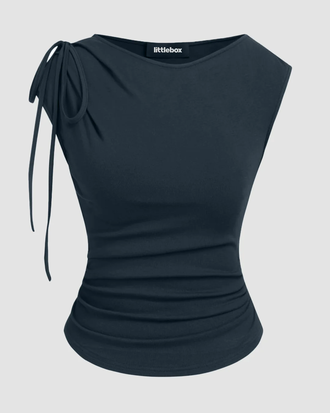 Asymmetrical Neck Bowknot Cinched Waist Top in Navy Blue