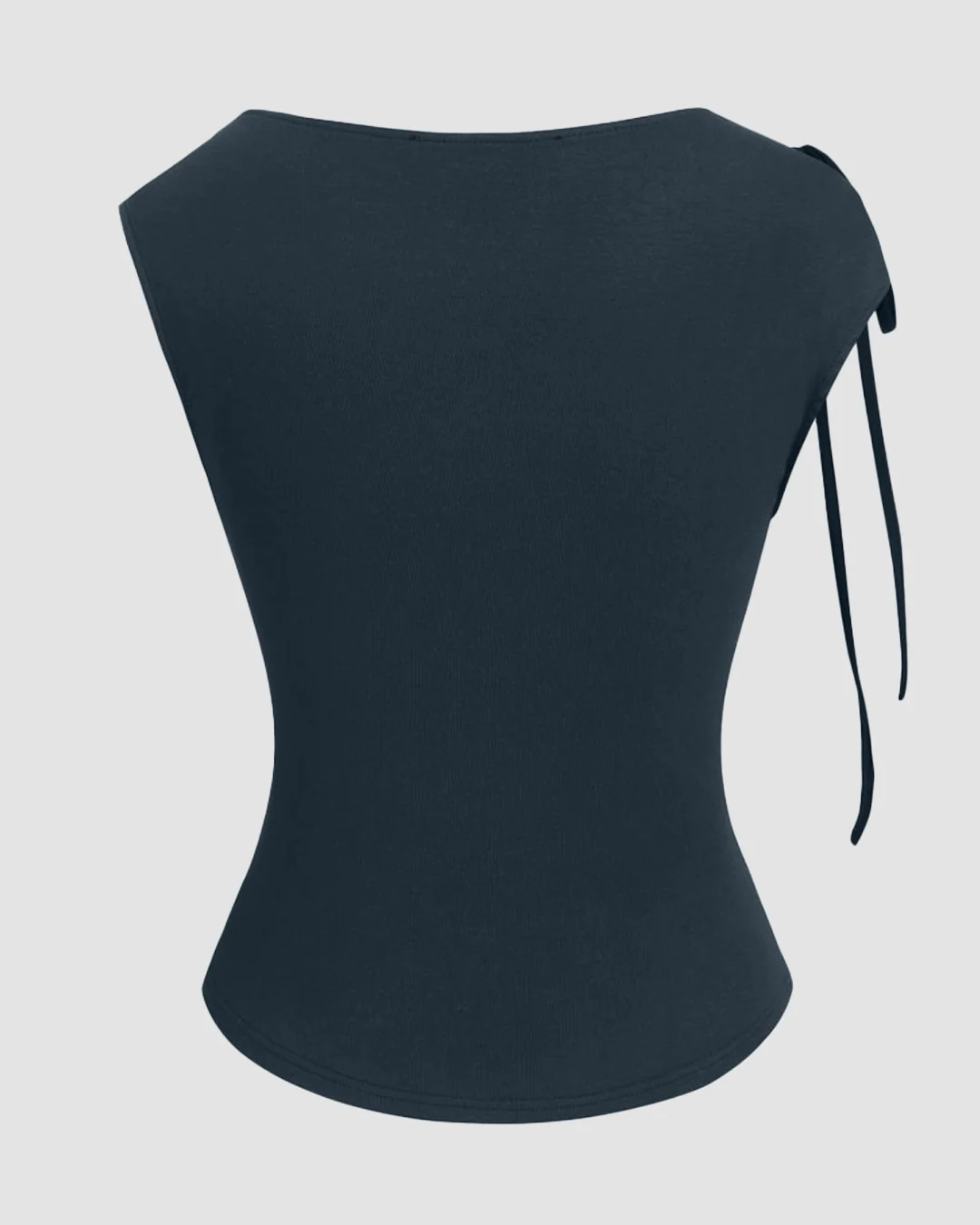 Asymmetrical Neck Bowknot Cinched Waist Top in Navy Blue - Image 2