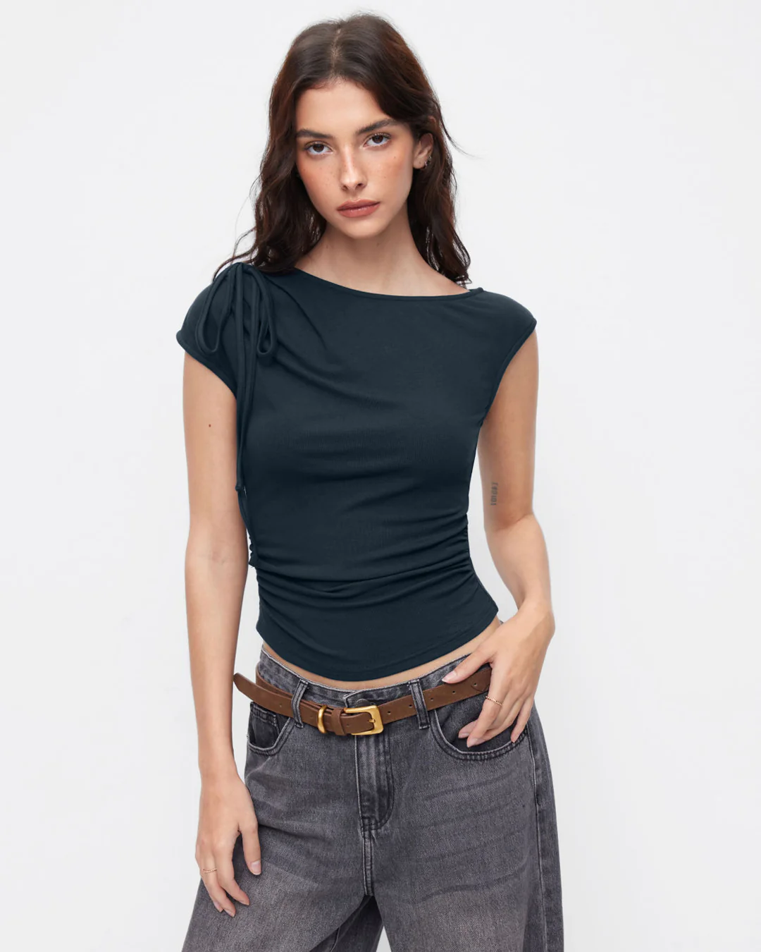 Asymmetrical Neck Bowknot Cinched Waist Top in Navy Blue - Image 3