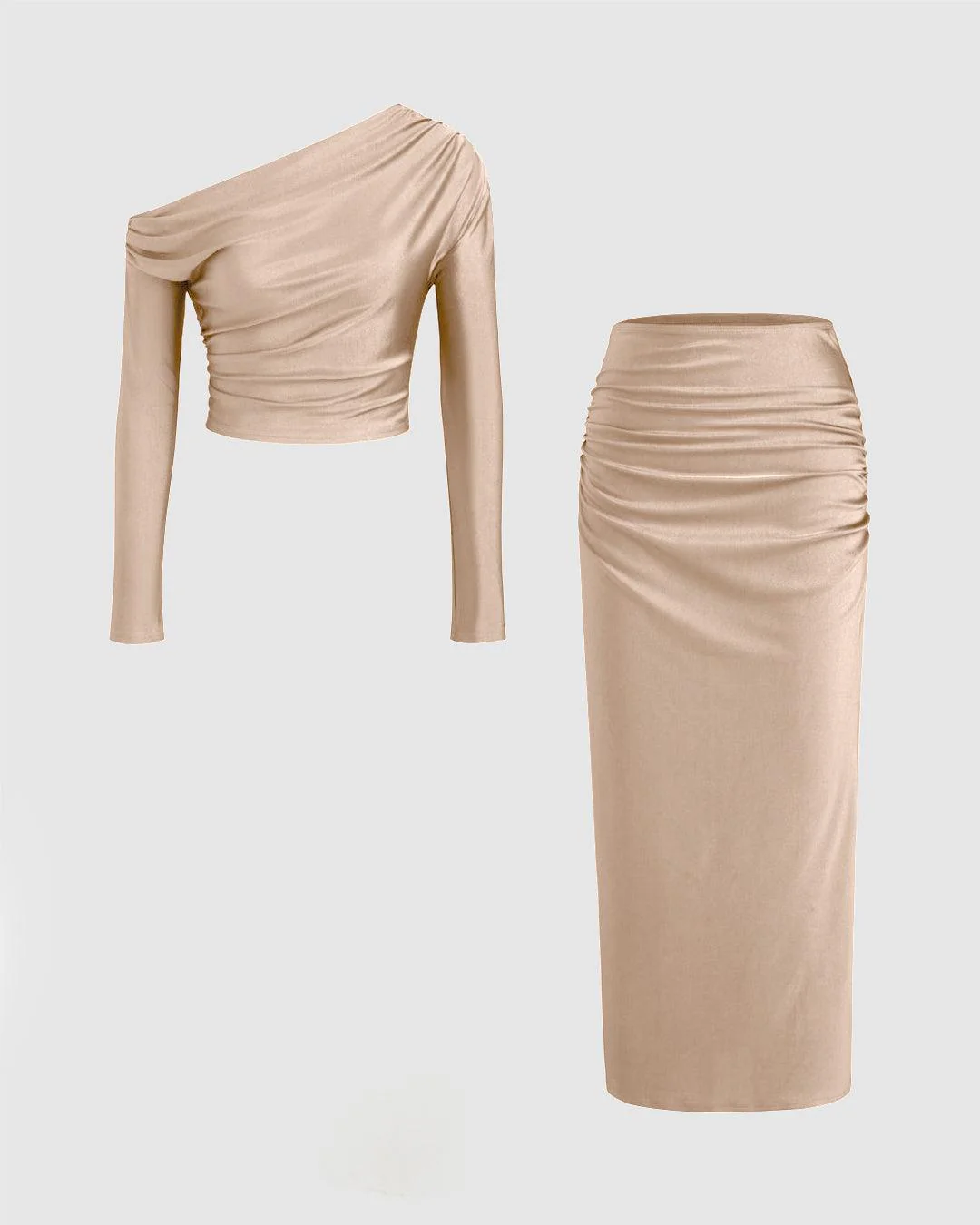 Asymmetrical Neck Long Sleeve Crop Top & Mid Rise Ruched Maxi Skirt In Peach