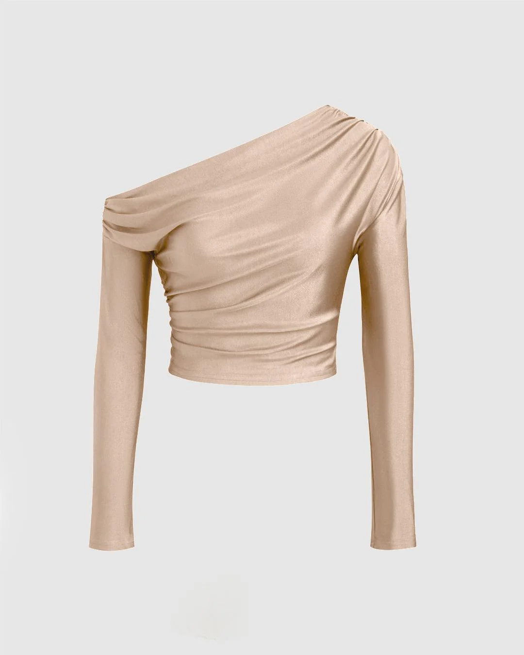Asymmetrical Neck Long Sleeve Crop Top & Mid Rise Ruched Maxi Skirt In Peach - Image 3