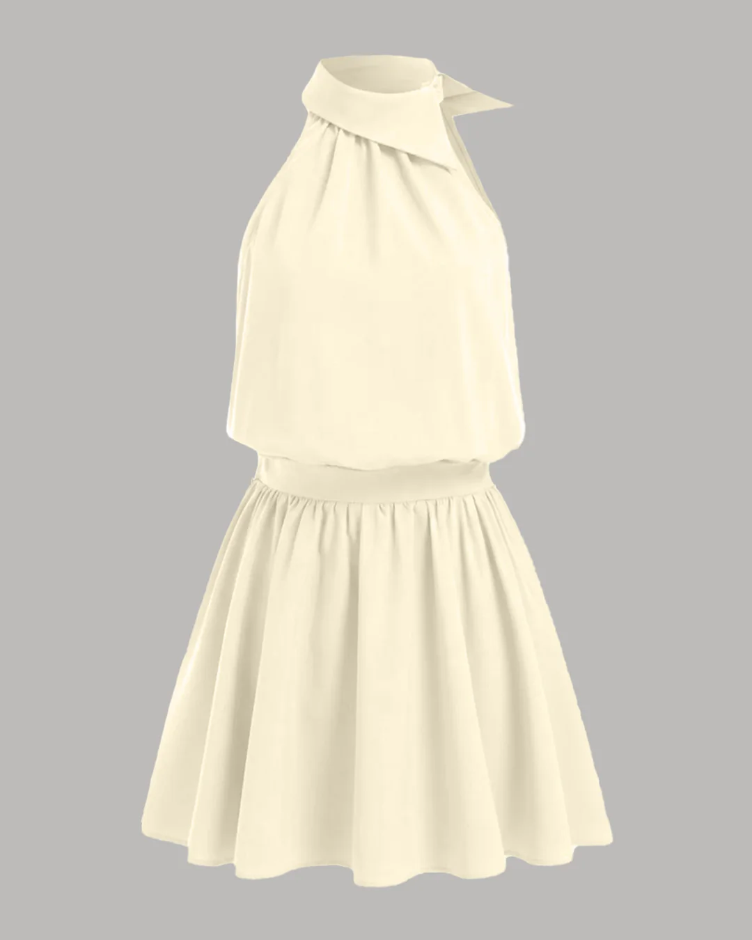Asymmetrical Neck Mid Rise Flared Mini Dress in Beige
