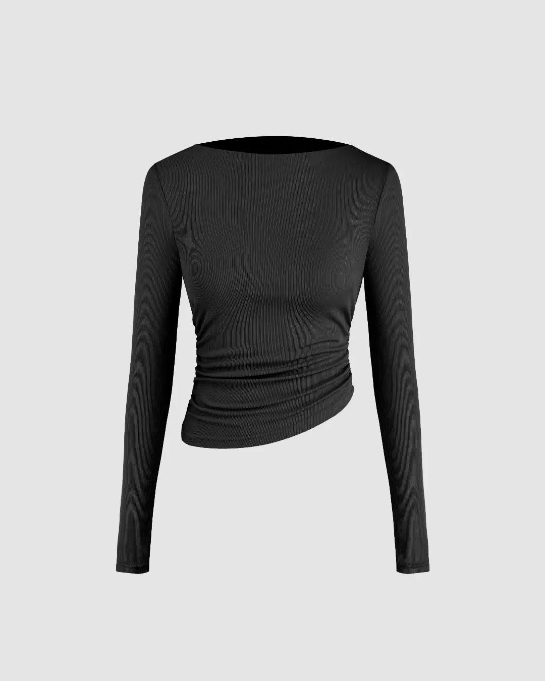 Asymmetrical Neck Ruched Long Sleeve Tee In Black