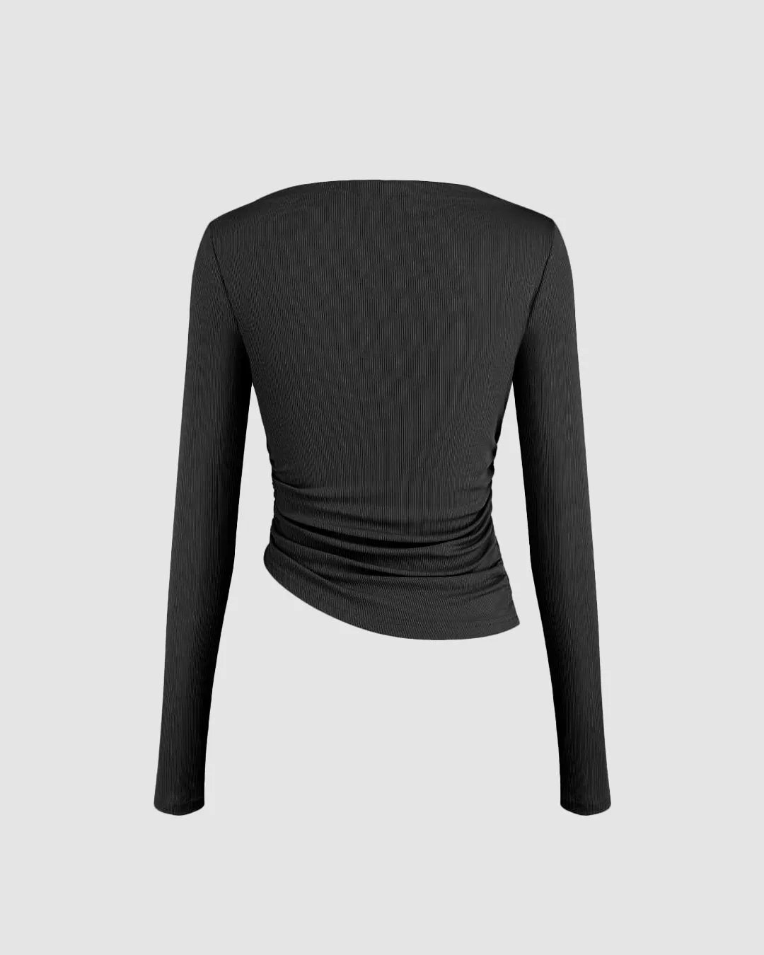 Asymmetrical Neck Ruched Long Sleeve Tee In Black - Image 2