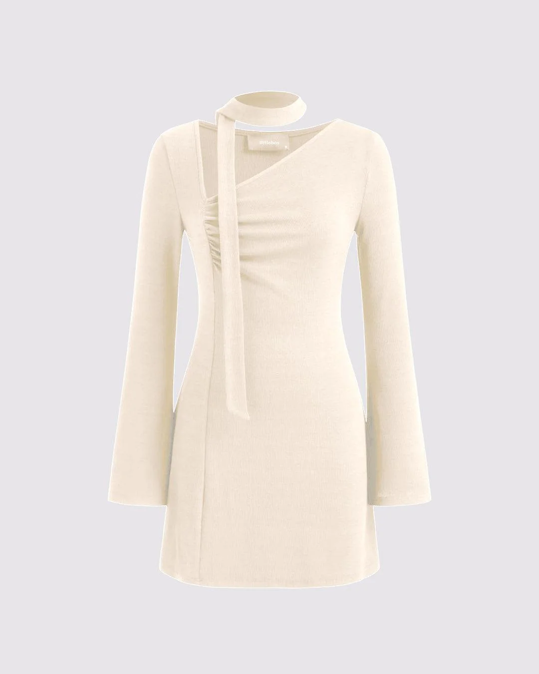 Asymmetrical Neck Ruched Mini Dress With Scarf In Off-White