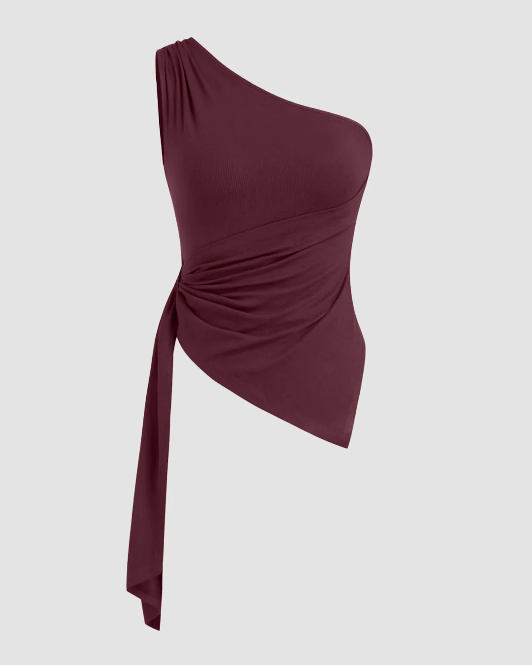 Asymmetrical Neck Ruched Tank Top in Maroon