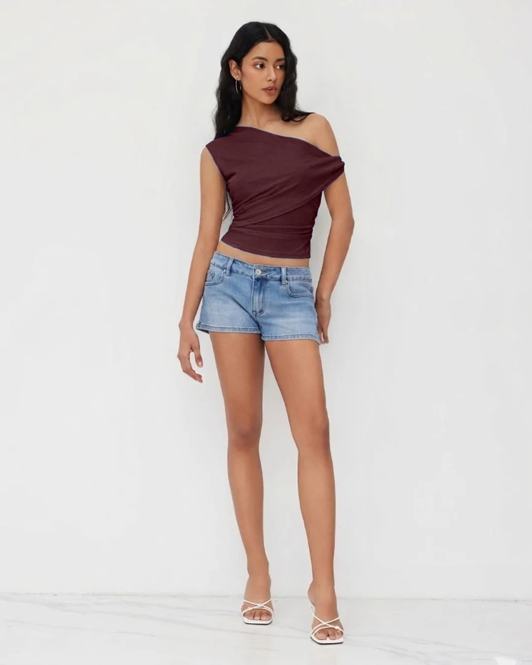 Asymmetrical Neck Ruched Top in Maroon - Image 3