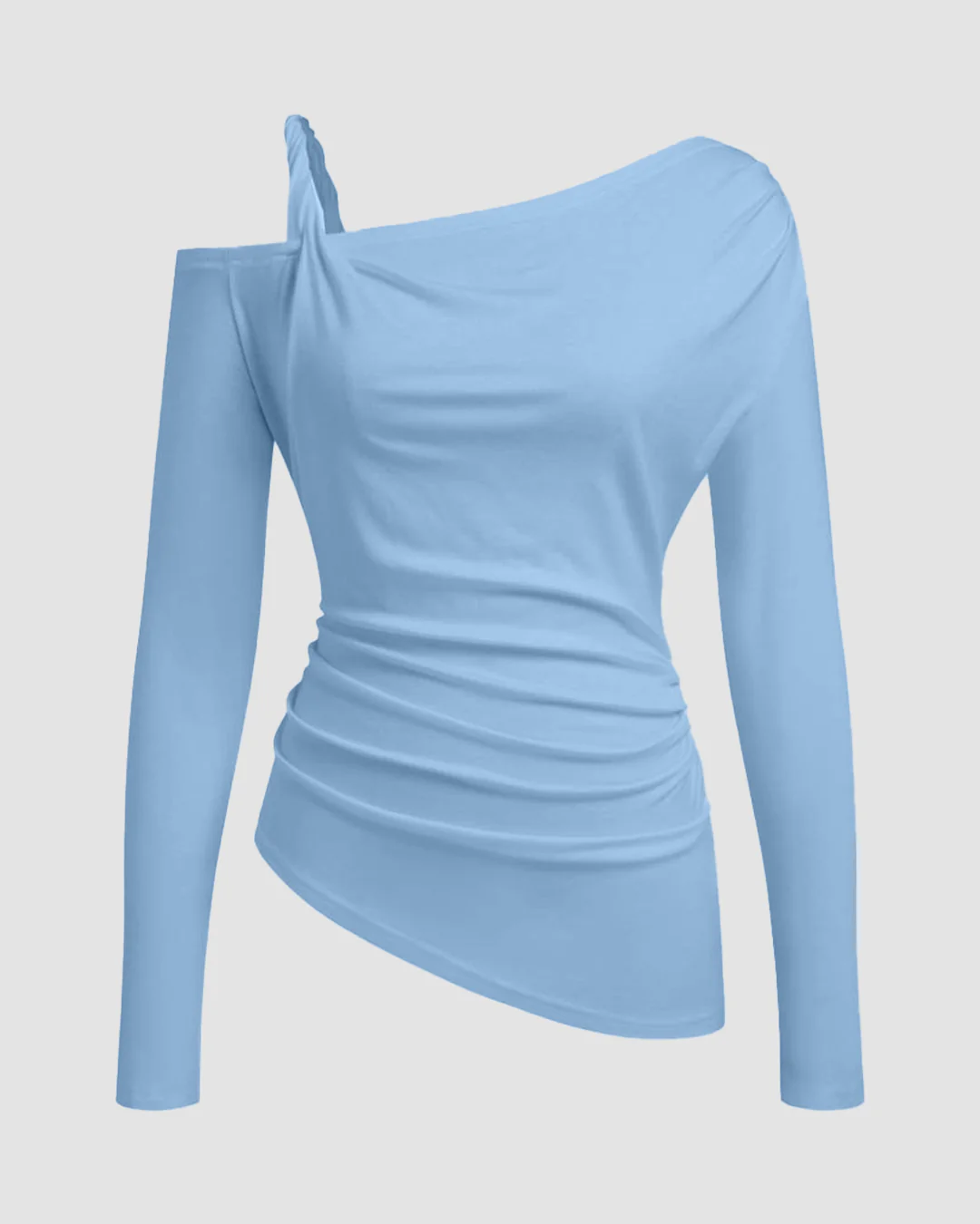 Asymmetrical Neck Ruched Twist Top in Powder Blue