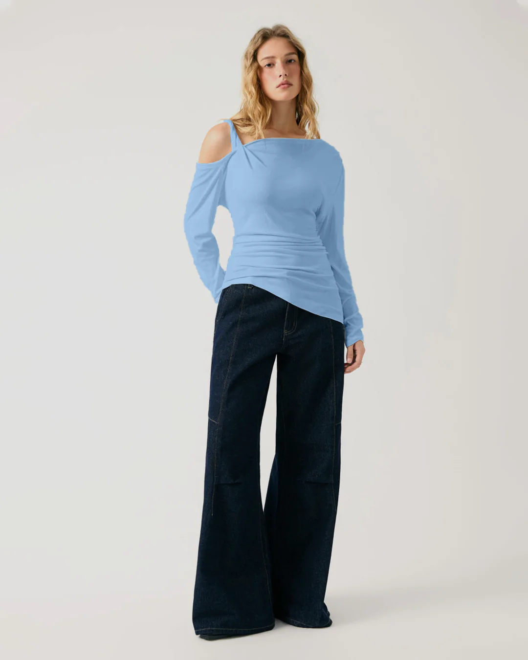Asymmetrical Neck Ruched Twist Top in Powder Blue - Image 3