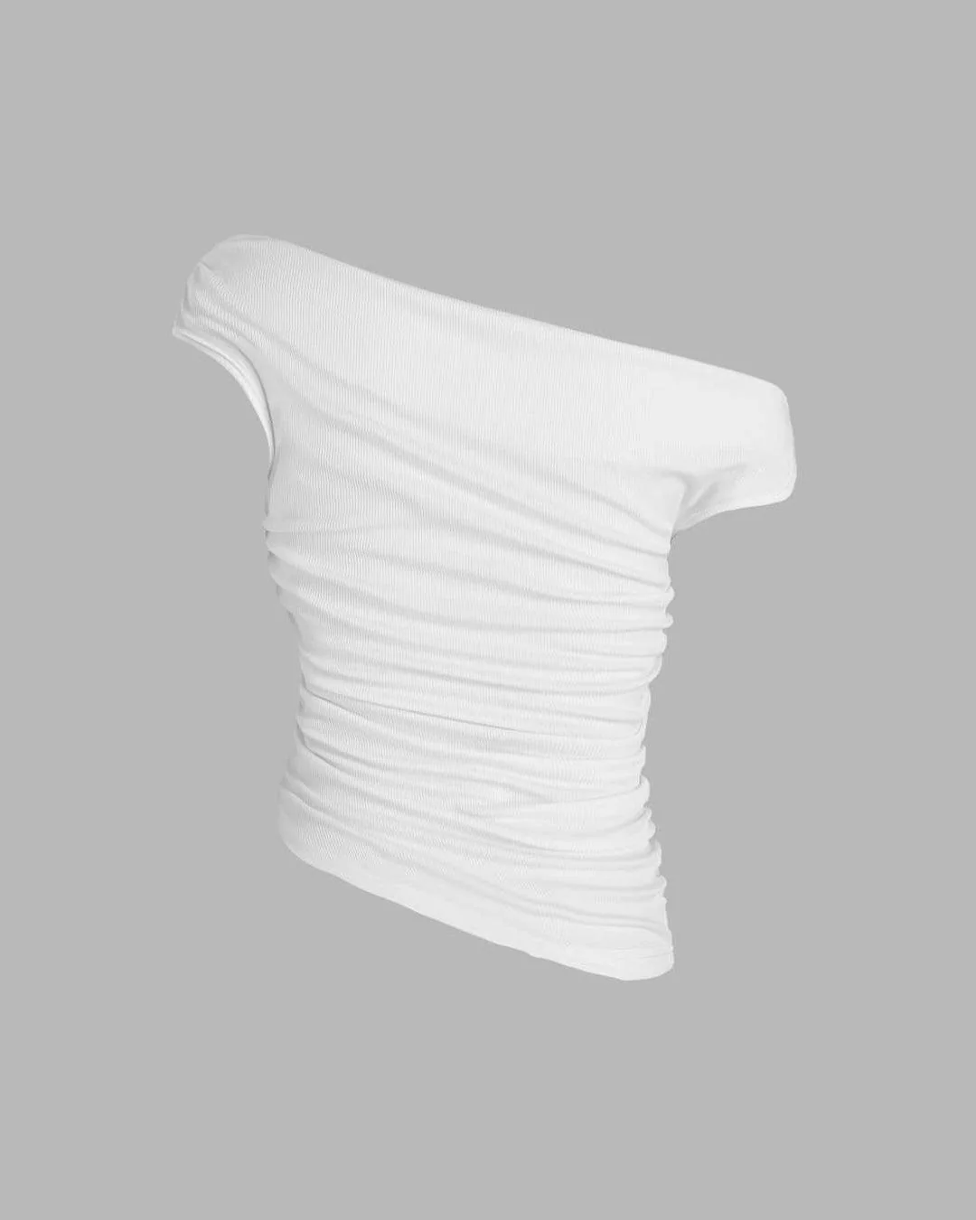 Asymmetrical Neck Ruched White Crop Top - Image 2