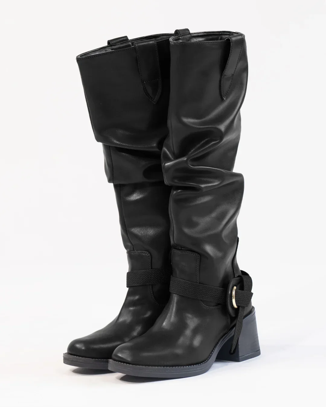 Black Knee-High Boots With Buckle And Heel - Image 4