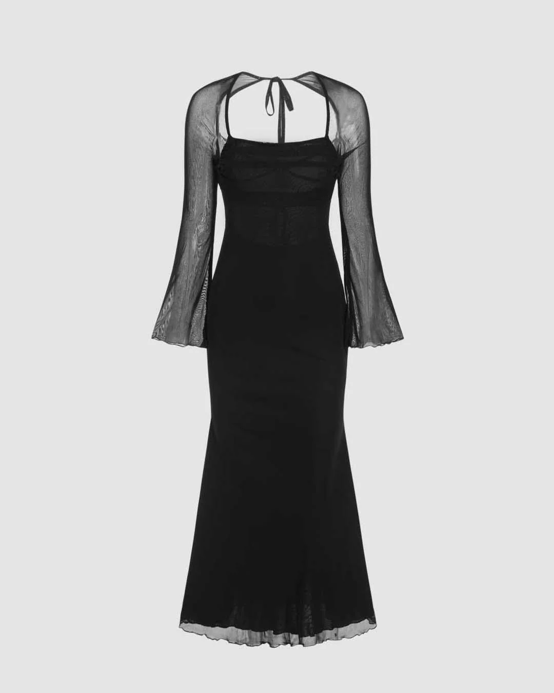 Black Long Sheer Lantern Sleeve Mermaid Maxi Evening Dress