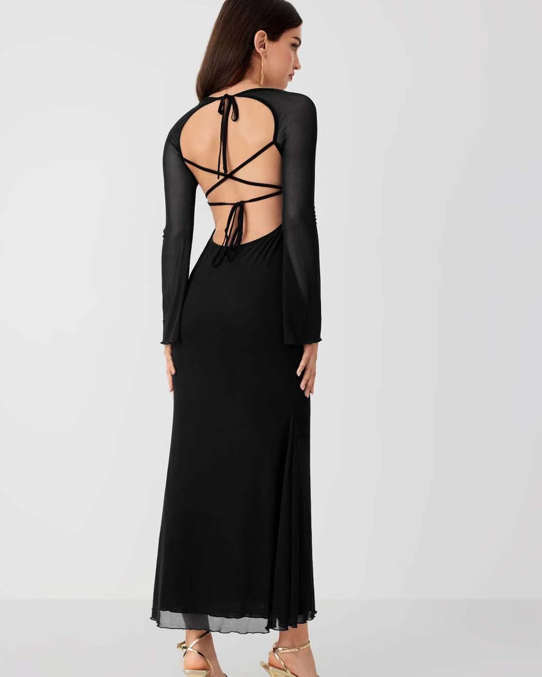 Black Long Sheer Lantern Sleeve Mermaid Maxi Evening Dress - Image 4