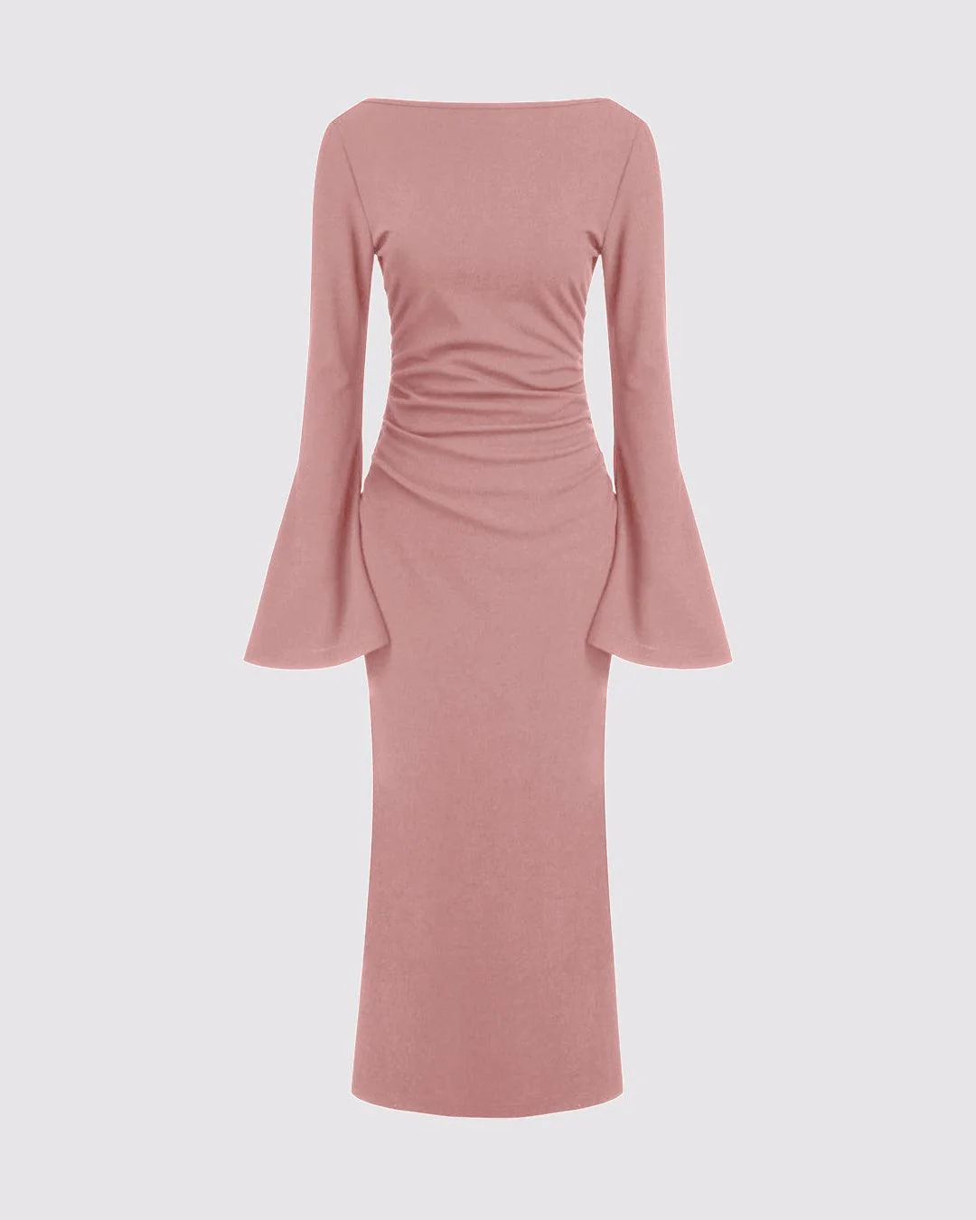 Boat Neck Ruched Bell Sleeve Maxi Dress In Pink - Image 2