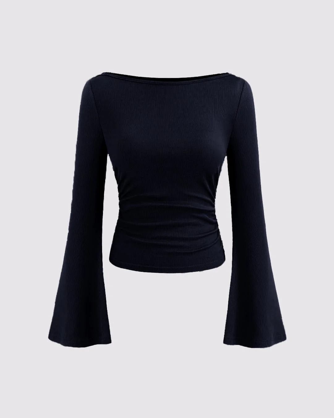 Boat Neck Solid Ruched Long Sleeve Top in Navy Blue