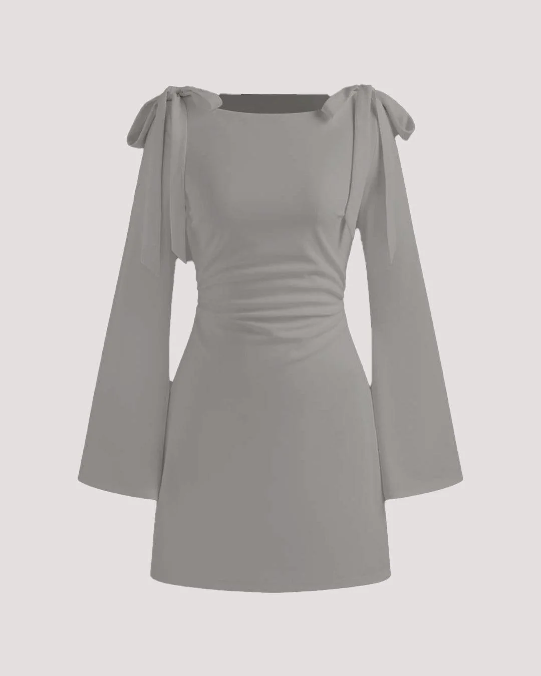 Boat Neckline Solid Ruched Bowknot Mini Dress