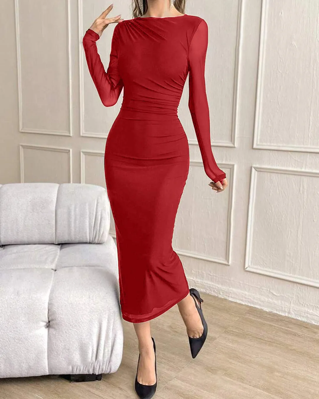 Bodycon Corset Long Sleeve Red Dress