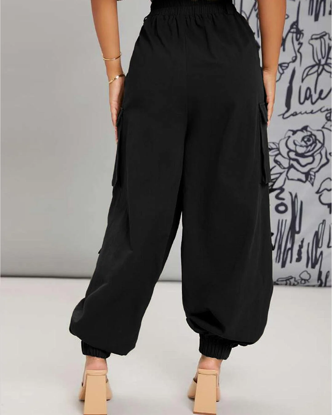 Button Me Up Flap Pocket Fly Black Cargo Pants - Image 3