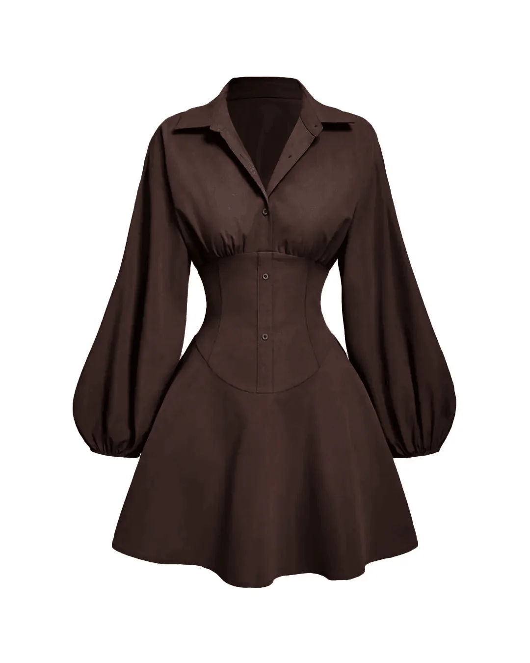 Button Up Fitted Puffed Long Sleeve Coco Brown Shirt Dress