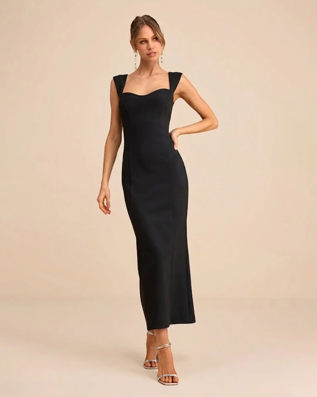 Cap Sleeve Bodycon Midi Dress in Black