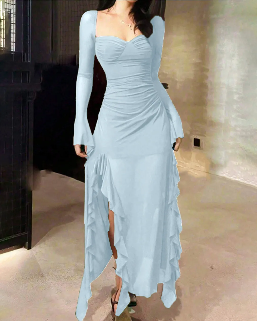 Casual Flared Long Sleeve Mesh Ruffle Hem Dress In Dusty Blue