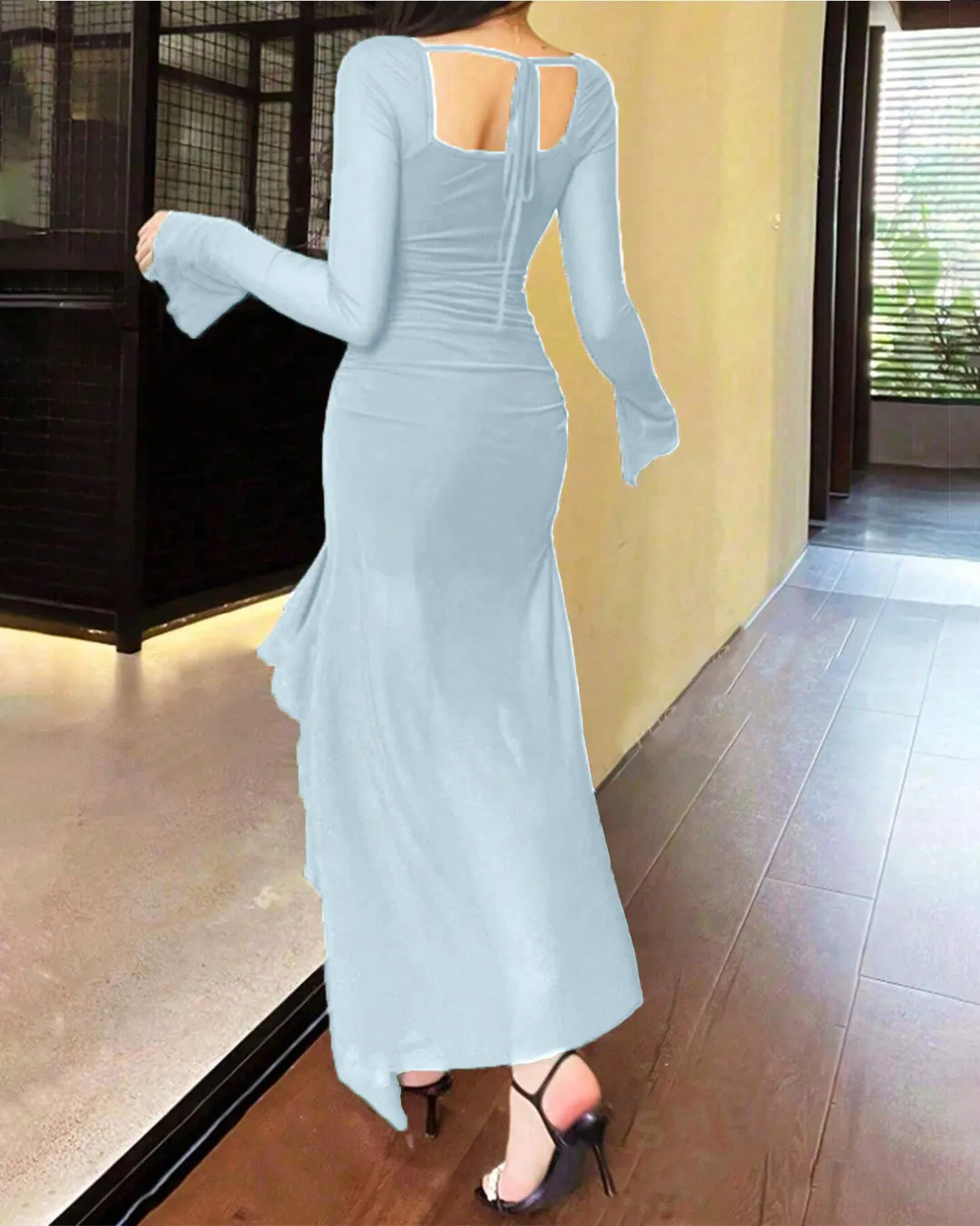 Casual Flared Long Sleeve Mesh Ruffle Hem Dress In Dusty Blue - Image 3