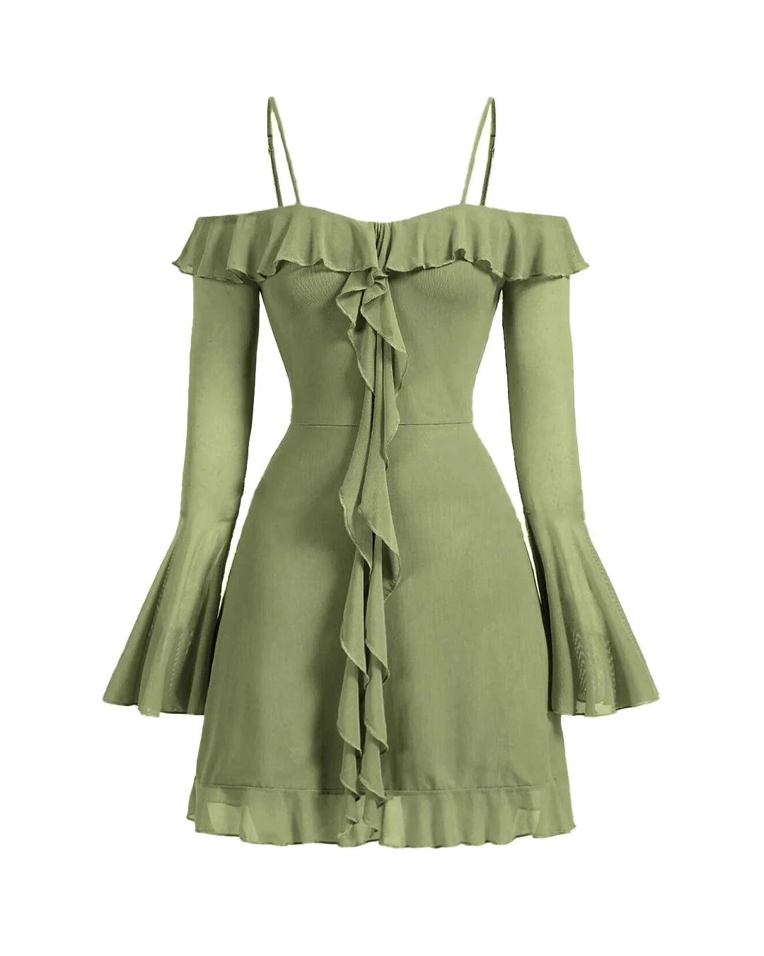 Cold Shoulder Ruffle Trim Flounce Sleeve Dress in Herbal Green