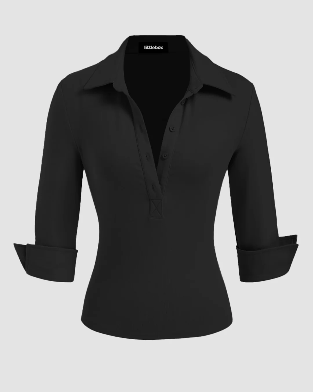 Collar Button-Front Mid Sleeve Top in Black