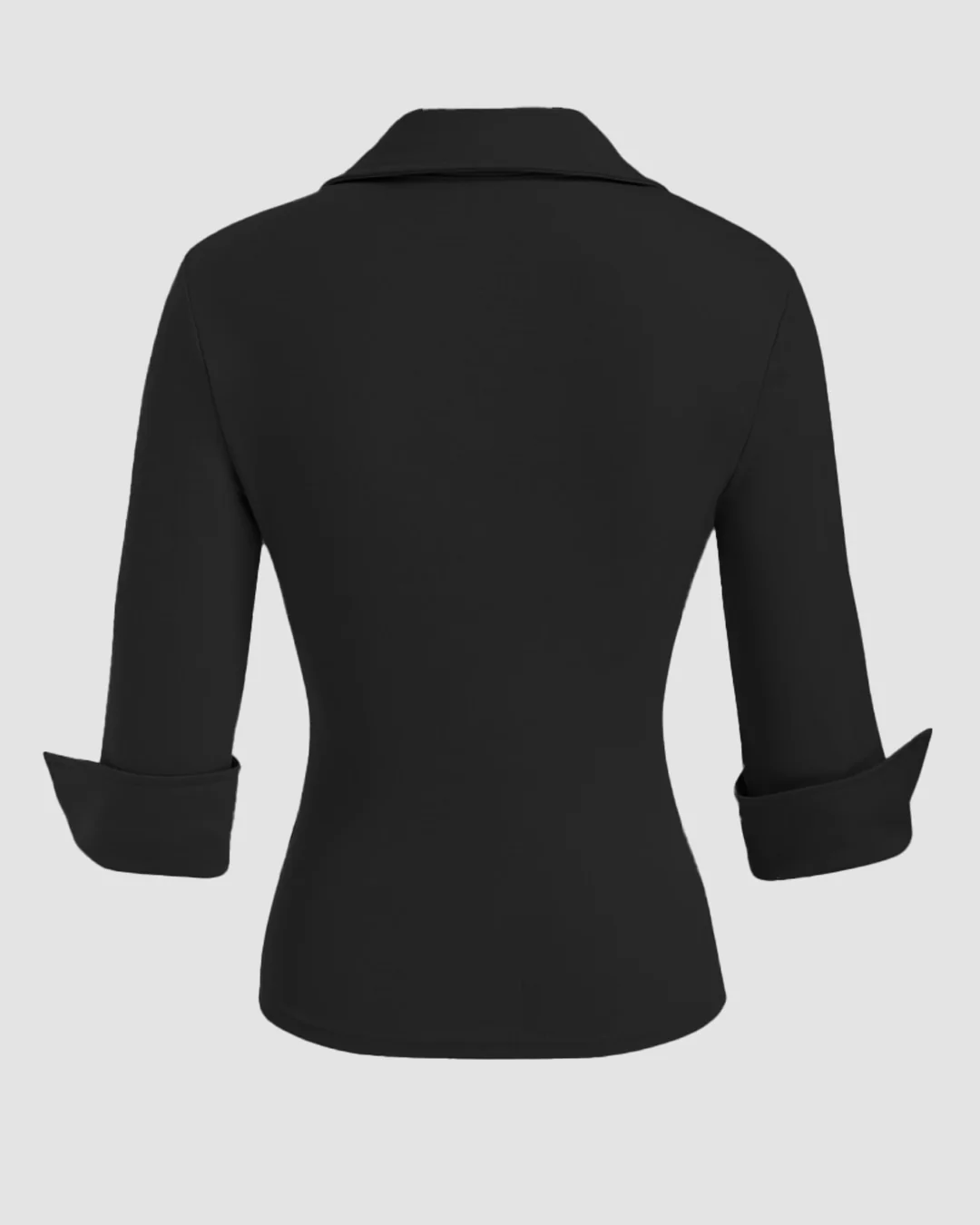 Collar Button-Front Mid Sleeve Top in Black - Image 2