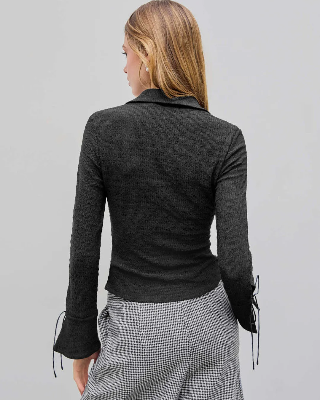 Collar Solid Shirred Bowknot Bell Sleeve Black Top - Image 4
