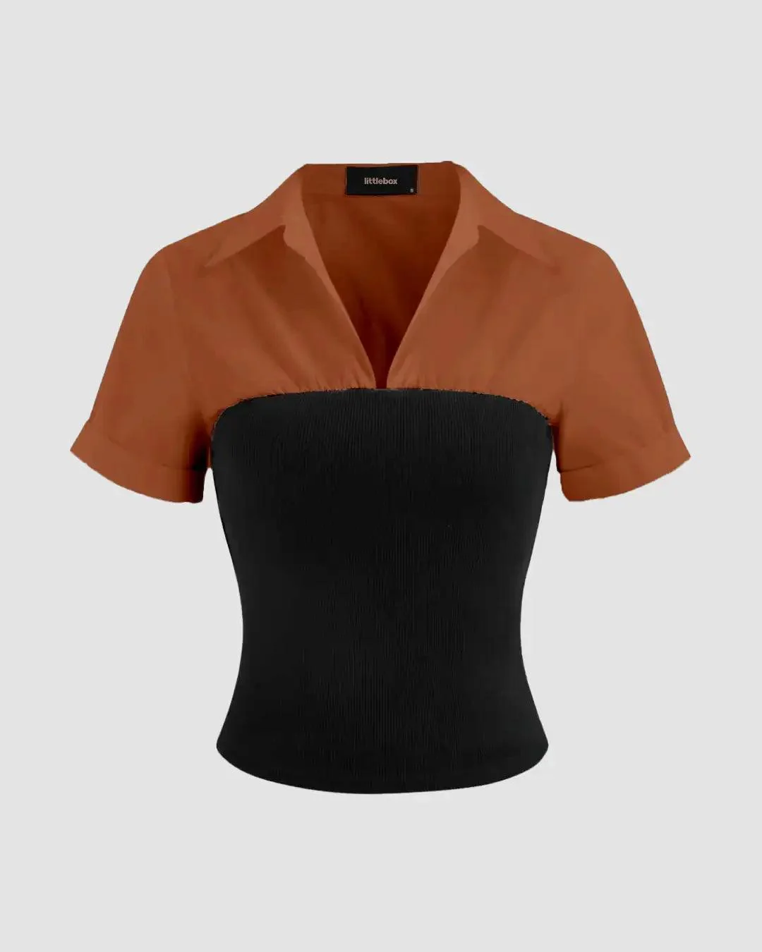 Collar Two Tone Patchy Short Sleeve Shirt In Brown