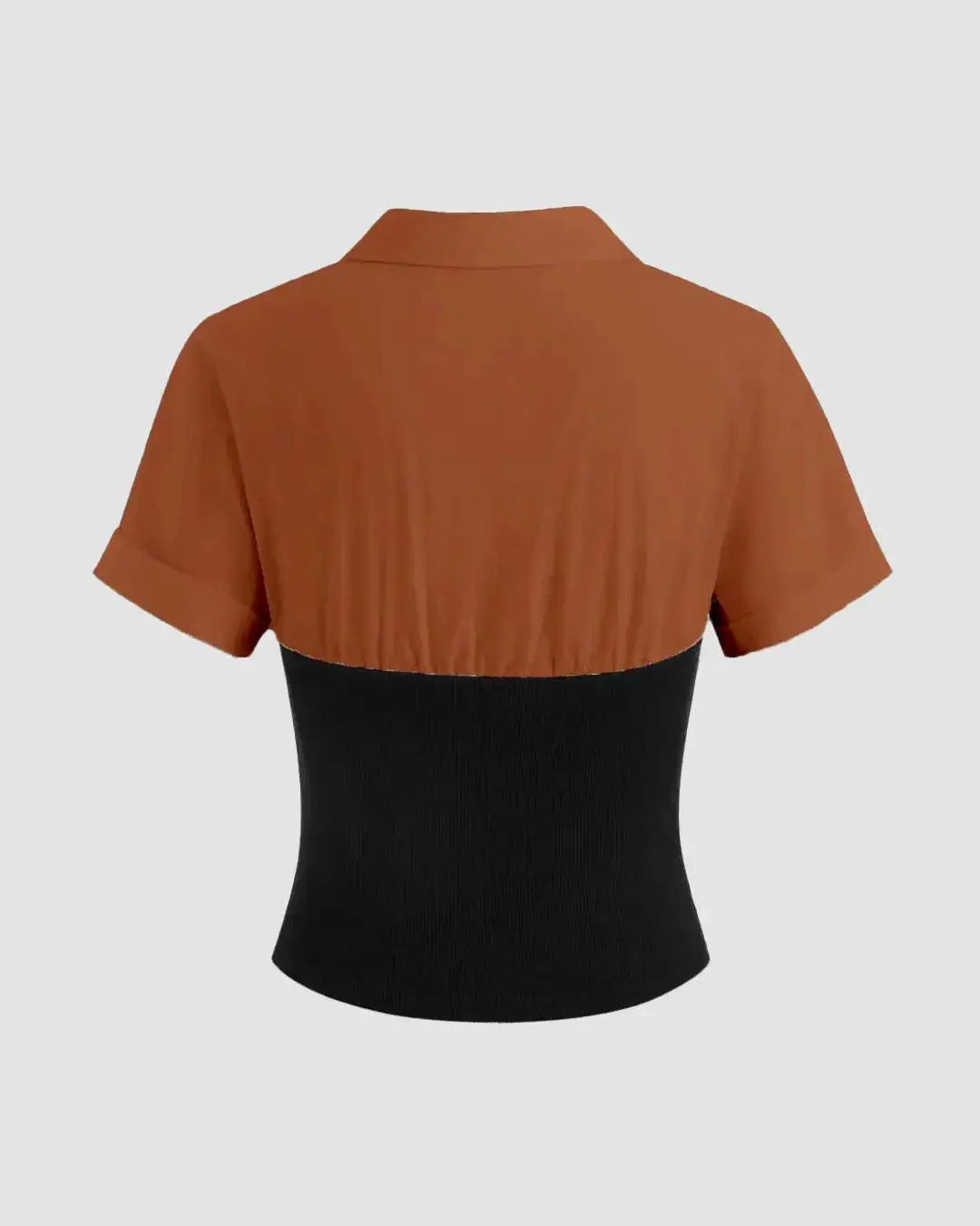 Collar Two Tone Patchy Short Sleeve Shirt In Brown - Image 2