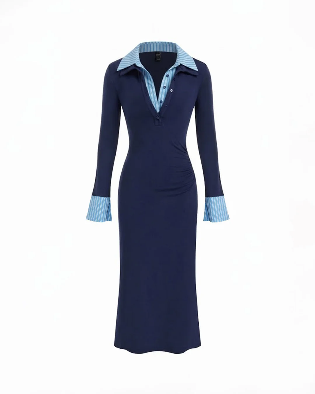 Collared Layered flared Cuff sleeves Ruched Dress in Navy Blue