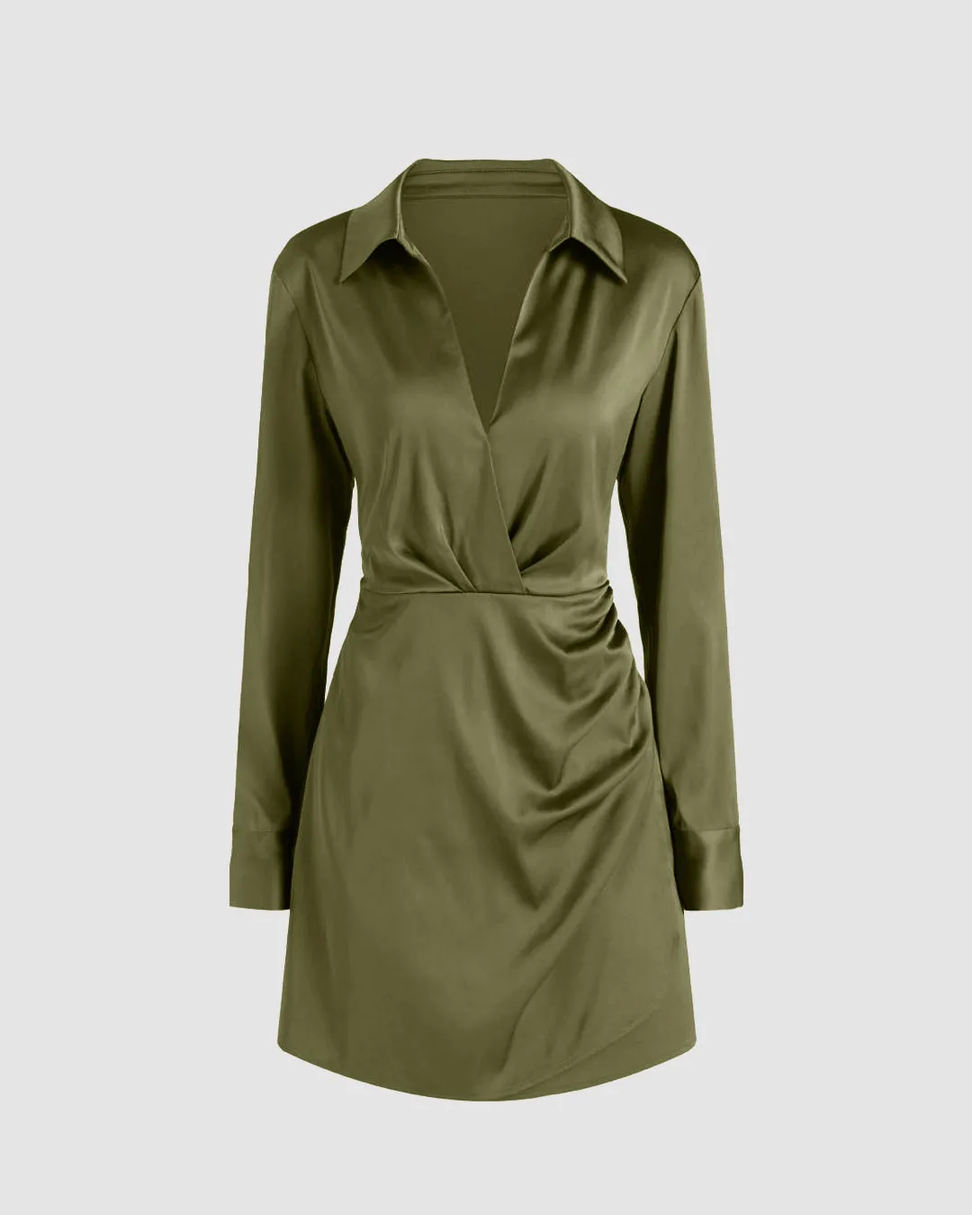 Collared V-Neck Long Sleeve Herbal Green Mini Dress