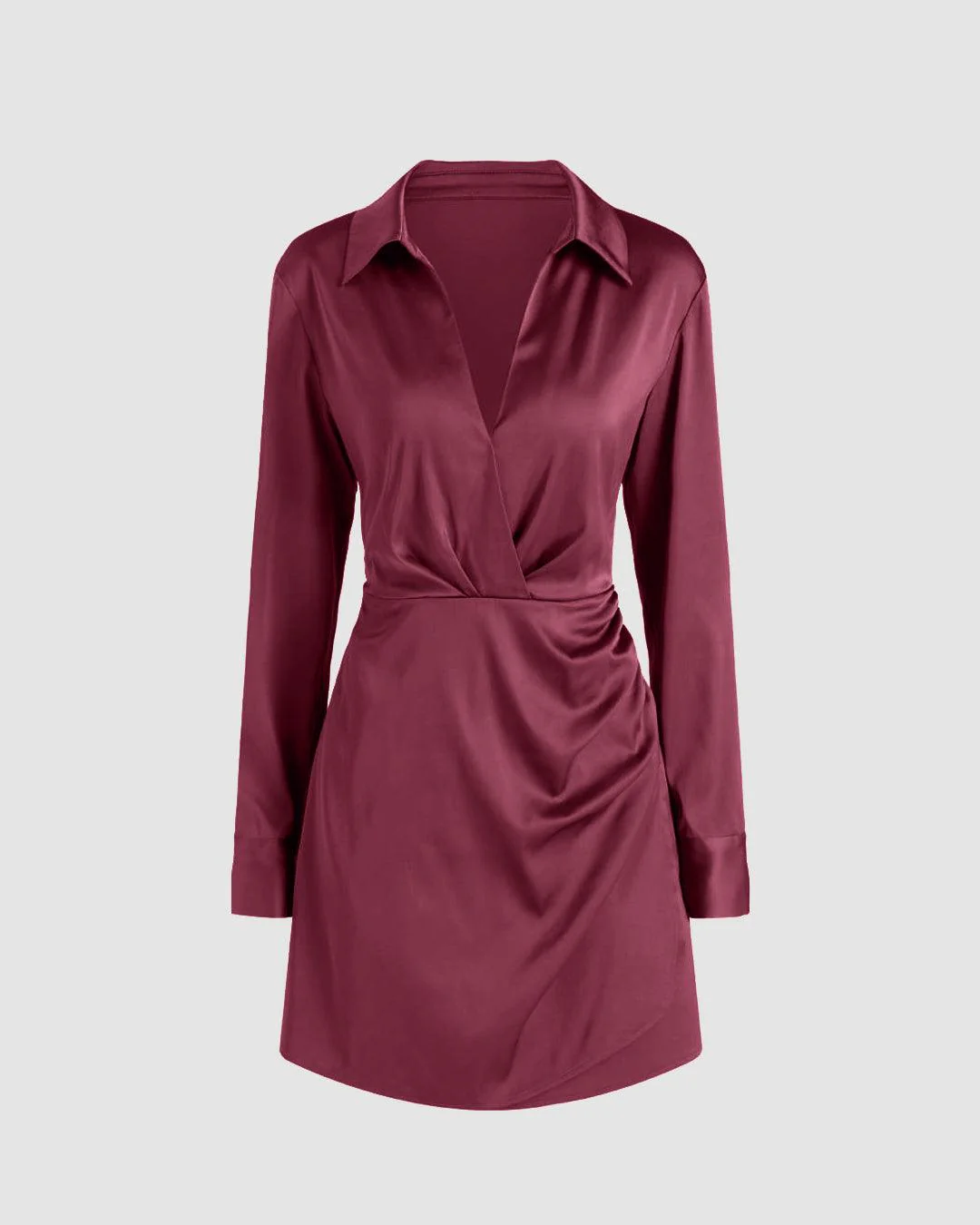 Collared V-Neck Long Sleeve Rose Red Mini Dress