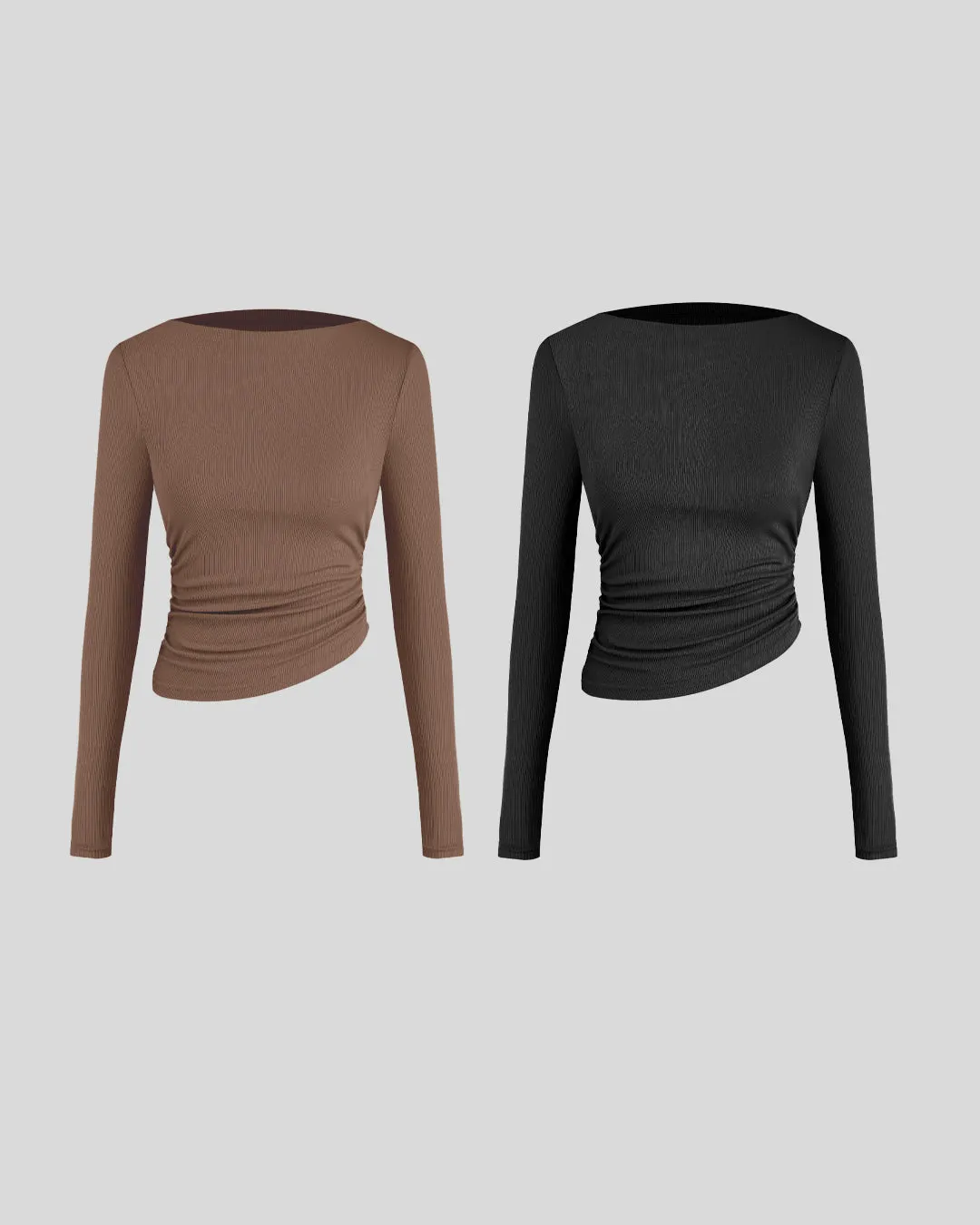 Combo :Asymmetrical Neck Ruched Long Sleeve Tee In Brown and Black