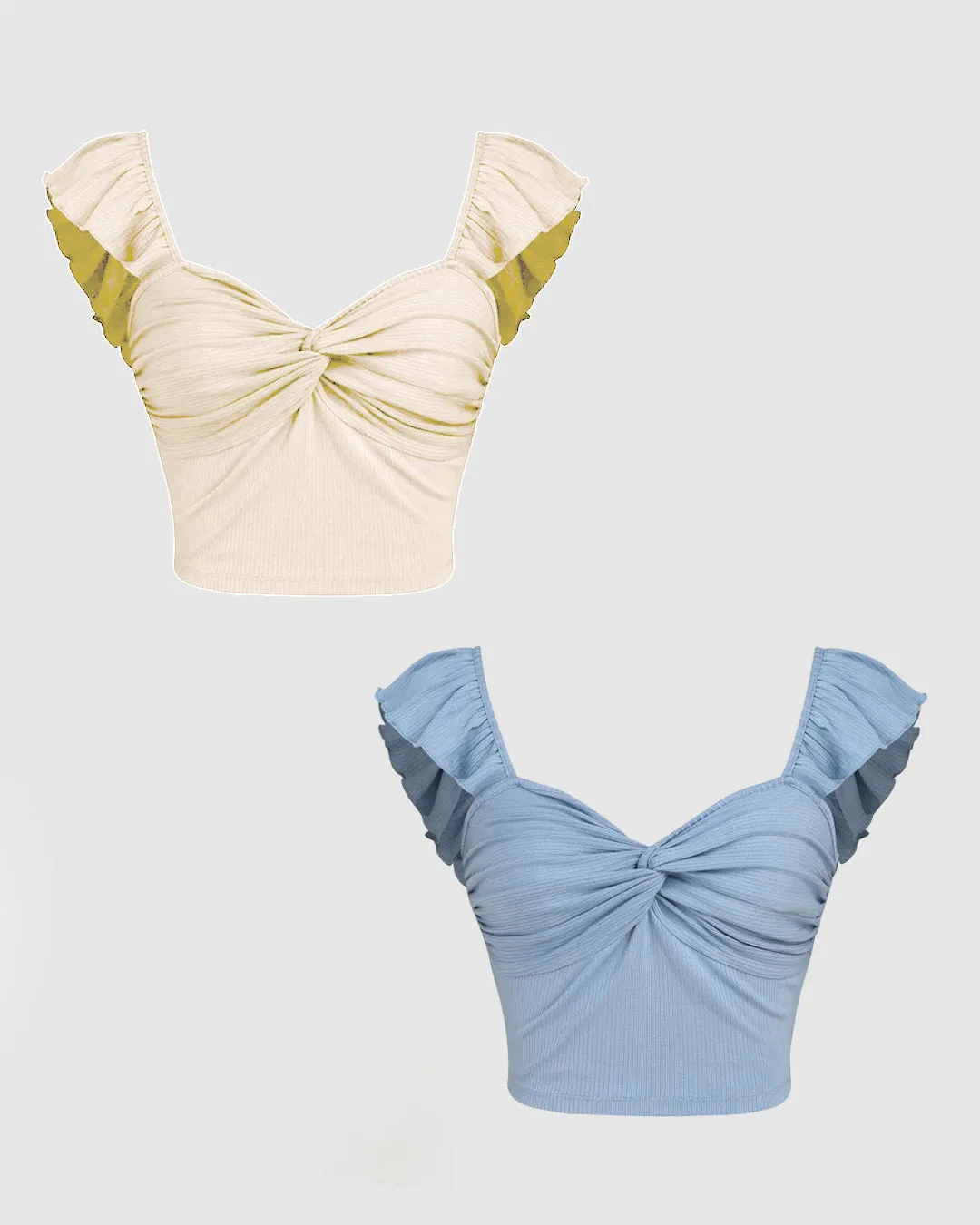 Combo : Cropped Vest Ruffle Top In Off-White and Blue