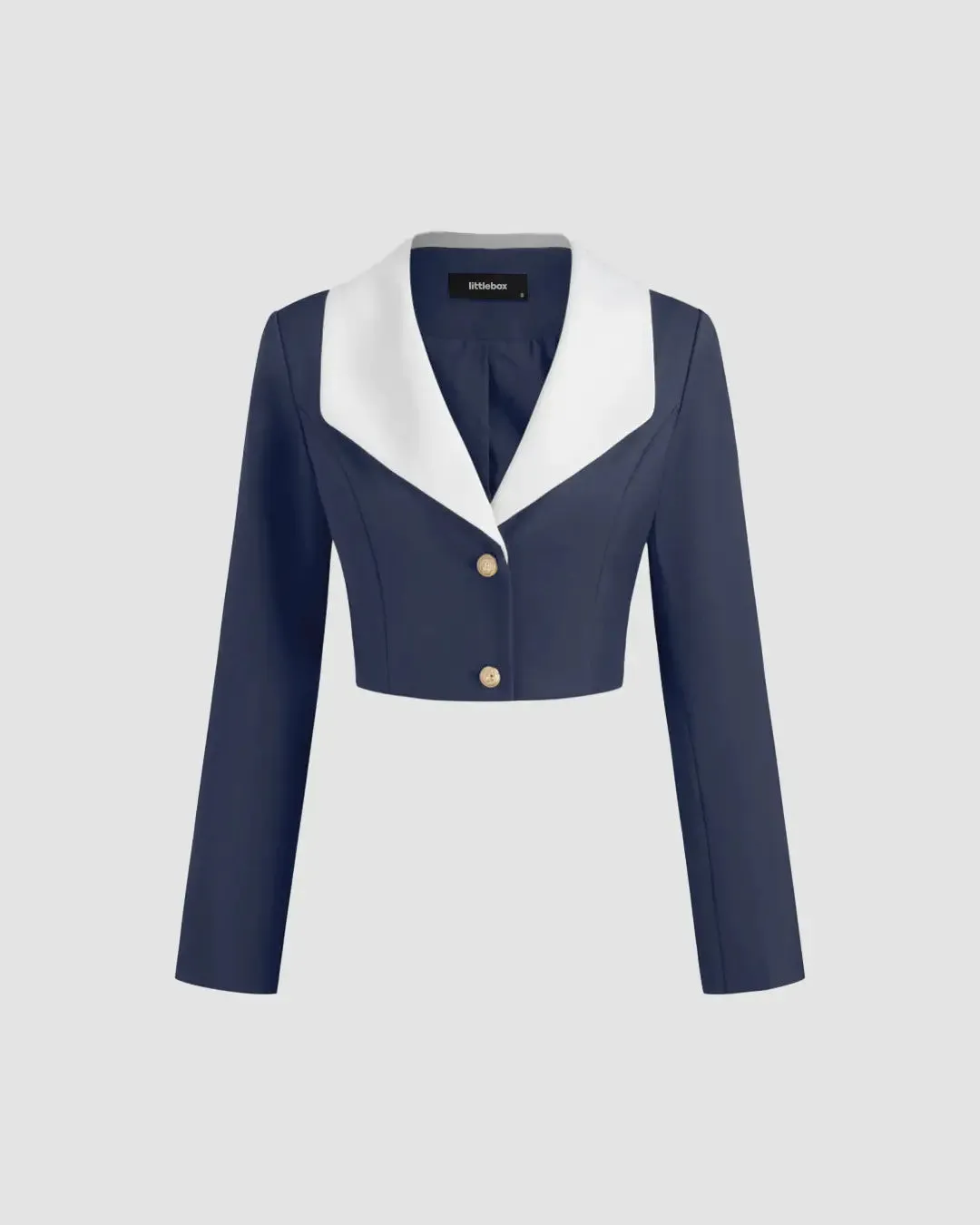 Contrast Collar Cropped Blazer in Navy Blue & White