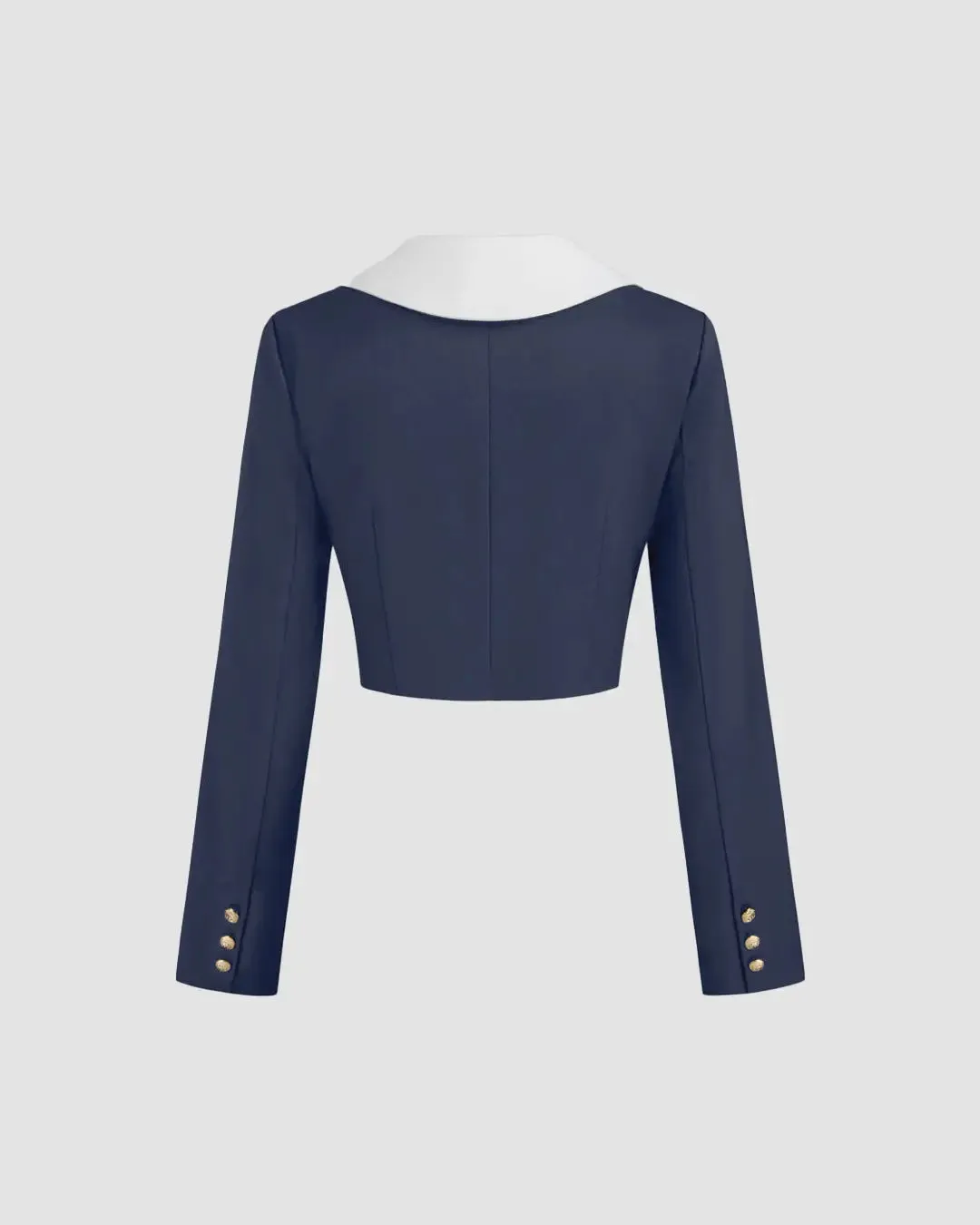 Contrast Collar Cropped Blazer in Navy Blue & White - Image 2